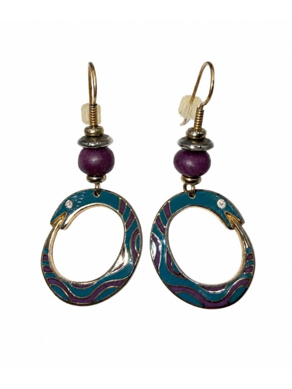 Laurel Burch Earrings Serpentine Snake Teal & Purple Enamel Gold Oval Dangle VTG